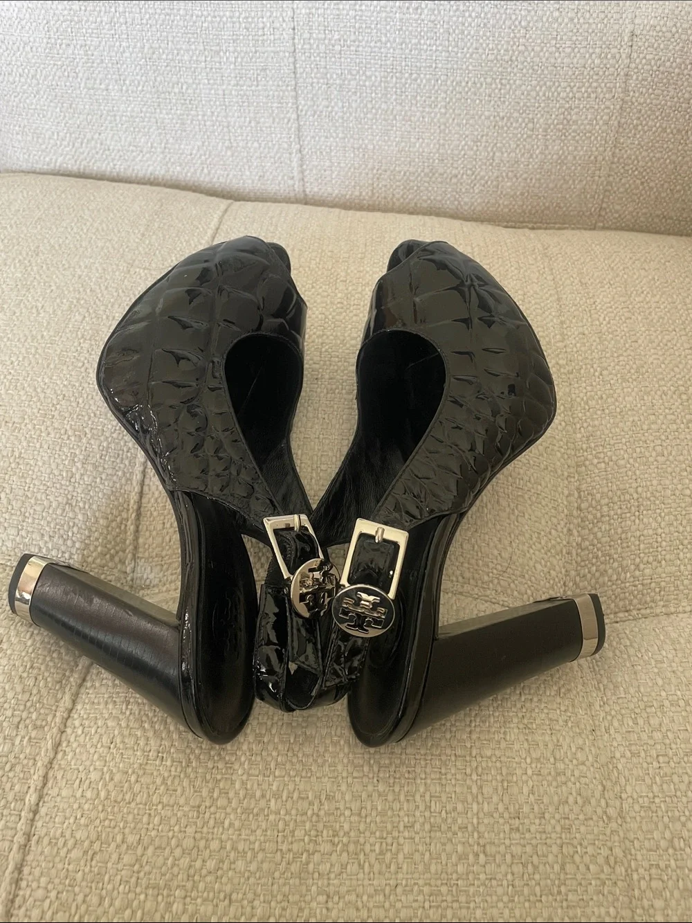 Tory Burch Black Patent Croc-Embossed Peep-Toe Slingback Heels